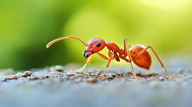 A photograph of a red ant standing in nature, facing the left side of the screen.